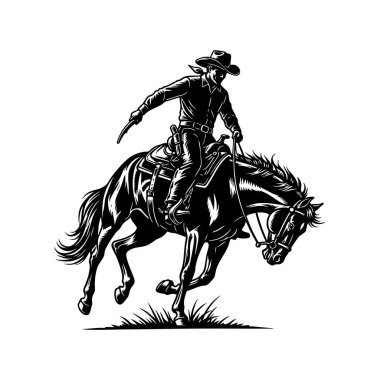 Vahşi bir ata binen bir kovboyun siyah beyaz çiziminin taşıyıcısı..