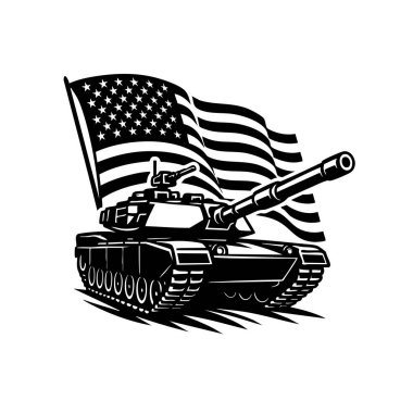 Amerikan bayrağını sallayan güçlü bir tankın siyah beyaz çizimi..