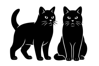 Chartreux kedilerinin iki zarif siyah vektör çizimi, biri ayakta ve biri oturuyor. Evcil hayvan.
