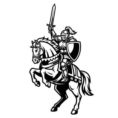 Zırhlı bir şövalyenin güçlü bir siyah beyaz vektör çizimi..