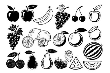 Elmalar, muzlar, üzümler, kirazlar ve turunçgiller de dahil olmak üzere taze meyve vektör çizimleri koleksiyonu. Yiyecek..