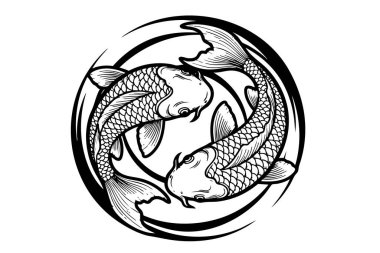 Ahengi, refahı ve iyi şansı temsil eden bir daire oluşturan iki koi balığının zarif vektör çizimi. Evcil hayvan.