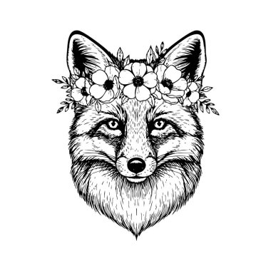 Şirin ve doğa tasarımları için ideal, kaprisli bir çiçek tacı takan bir tilkinin çekici vektör çizimi. Vahşi Yaşam Hayvanları .