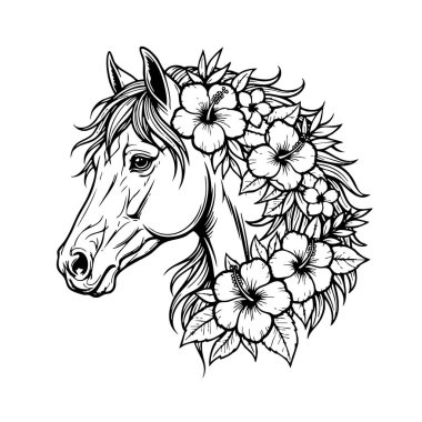 Güzel bir çiçek tacı takan bir atın zarif bir temsili. Nazik ve doğa teması için mükemmel..