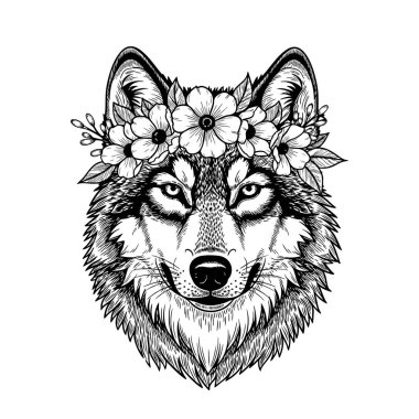 Görkemli bir çiçek tacı takan bir kurdun çarpıcı vektör çizimi, vahşi ve mistik temalar için harika. Vahşi Yaşam Hayvanları.