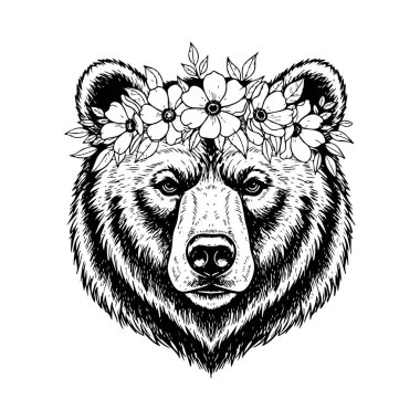 Büyüleyici bir çiçek tacıyla güçlü bir ayı, kırsal ve doğa temaları için ideal..