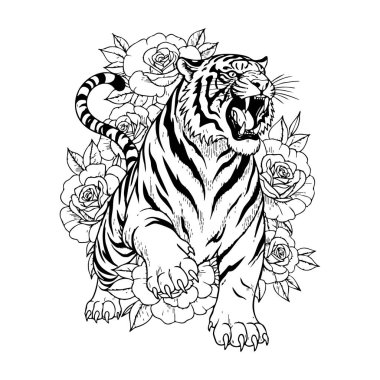 Güzel çiçeklerin arasında güçlü bir kaplan, doğa için harika ve zarif bir dokunuşla güçlü.