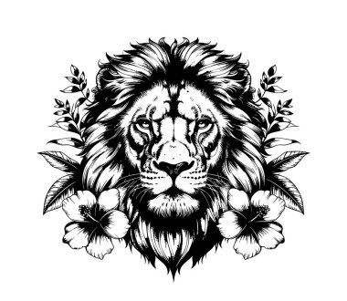 Görkemli aslan başı tropik çiçeklerle süslenmiş, güç ve doğal güzellikle harmanlanmış. Vahşi Yaşam Hayvanları.