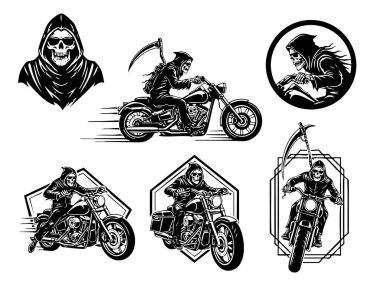 Motosikletli Azrail tırpanla, tek renkli vektör çizimleri motosiklet kulüpleri, dövmeler ya da karanlık temalar için mükemmel..