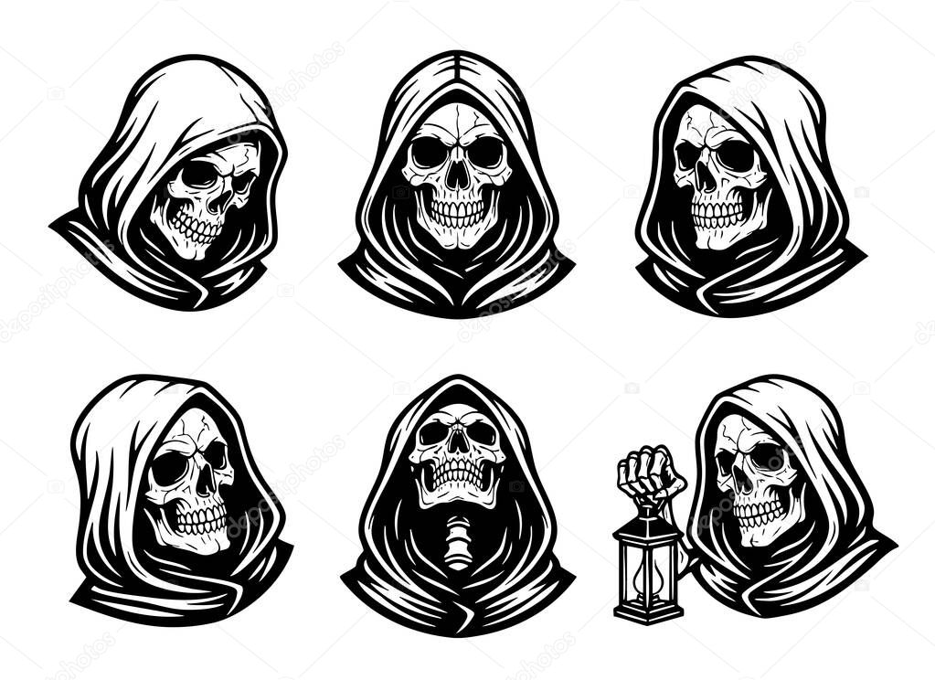 Collection of sinister Grim Reaper skull head portraits in black and white, suitable for dark, edgy designs and merchandise.