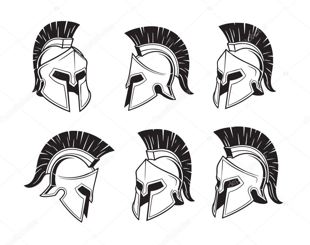 Set of classic Spartan or Corinthian warrior helmets with crests, depicted in various angles. Bold vector design.