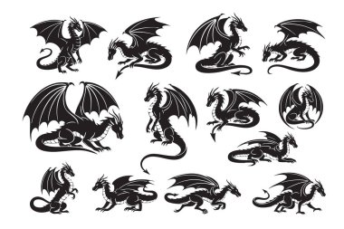 Efsanevi ve güçlü ejderha vektörü çeşitli vahşi pozlarda dizilmiş geniş kanatlı, fantezi ve oyun tasarımları için mükemmel..