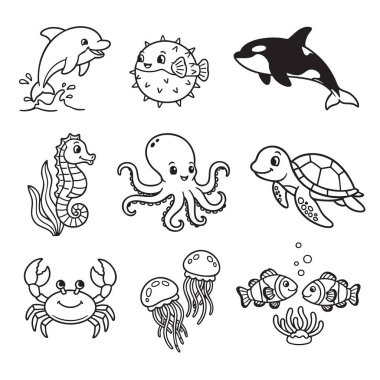 Bir yunus, katil balina, yengeç, ahtapot, denizanası ve palyaço balığı içeren şirin ve basit bir deniz hayatı kümesi..
