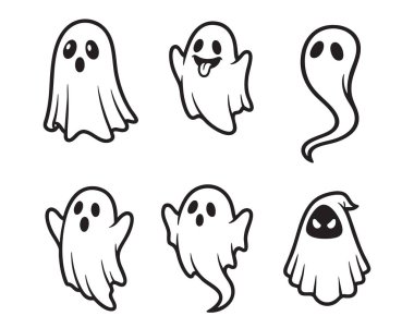 Klasik çarşaf benzeri şekilleri ve çeşitli arkadaş canlısı ve korkutucu ifadeleriyle çizgi film hayaletlerinden oluşan ürkütücü ve eğlenceli bir vektör seti..