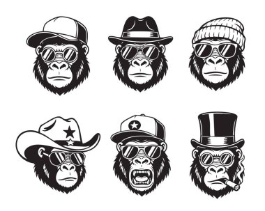 Stylized gorilla heads wearing diverse hats, sunglasses, and accessories, creating distinct, cool, and edgy characters.