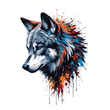 Vector of intense wolf head profile in a stylized watercolor painting with expressive strokes and a cool-toned, colorful paint splash effect. Wild Animals.