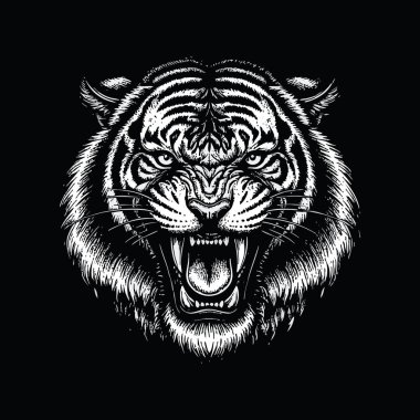 Highly detailed, aggressive Tiger head illustration with exposed fangs and a ferocious snarl. Black and white vector. Wild Animals.