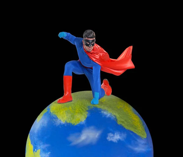 超级英雄保护世界 地球是摄影师制作的物理模型 — 图库照片