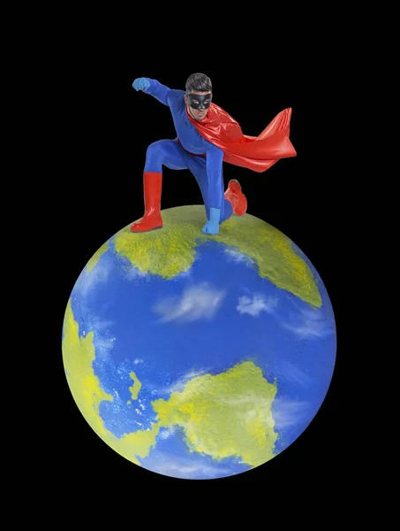 Superhéroe Protege Mundo Planeta Tierra Modelo Físico Hecho Por Fotógrafo — Foto de Stock