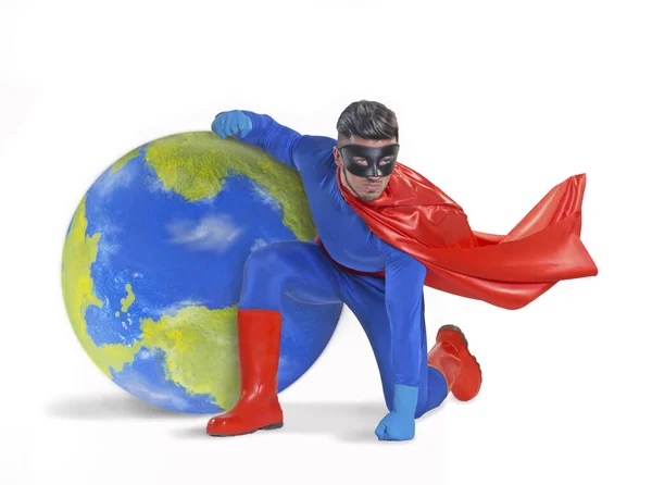 Super Herói Protege Mundo Planeta Terra Globo Modelo Físico Feito — Fotografia de Stock