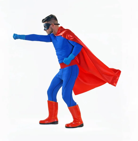 Супергерой Синем Костюме Белом Фоне — стоковое фото