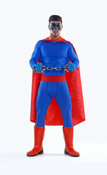 Superbohater Skute Ręce Białym Tle — Zdjęcie stockowe