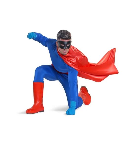 Superheld Draagt Blauw Kostuum Witte Achtergrond — Stockfoto