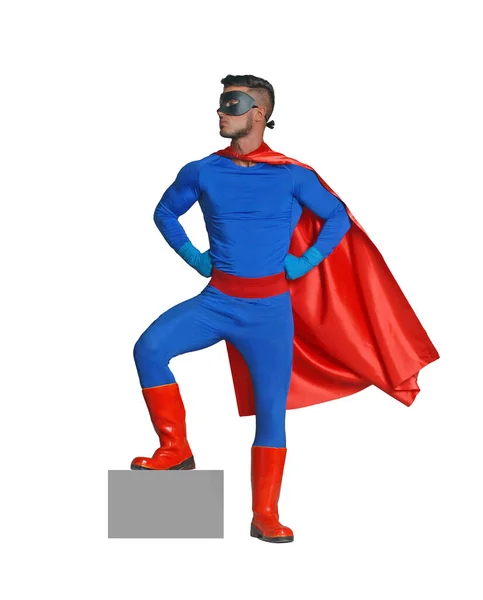 Super Herói Vestindo Traje Azul Sobre Fundo Branco Sobre Caixa — Fotografia de Stock