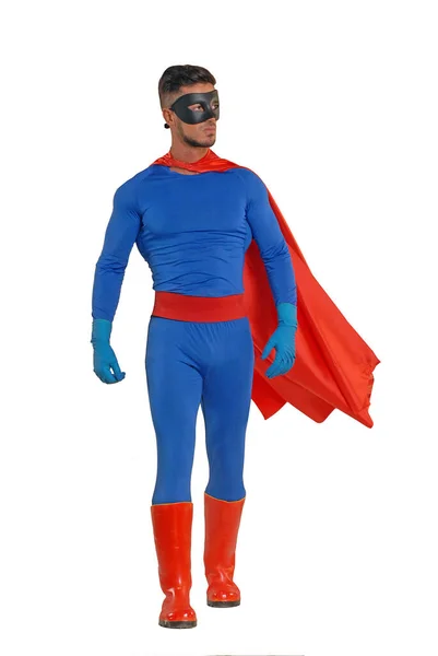 Super Hjälte Bär Blå Kostym Promenader Vit Bakgrund Stockbild