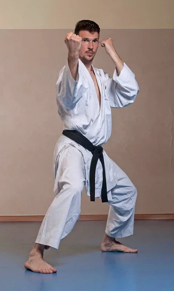 Martial Arts Zwart Riem Karate Jongeman Portret — Stockfoto