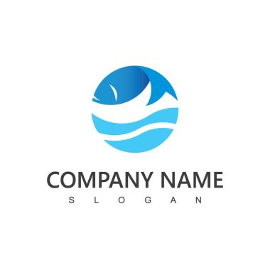 Mavi Yuvarlak Balık ve Dalga Logosu Beyaz Arkaplanda İzole Edildi