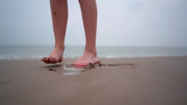 人の裸の足の熱帯のビーチで歩くのを閉じる 熱帯のビーチで裸足で遊ぶ人々 海岸で暖かい晴れた日に海の水に飛び込む楽しみを持っています 夏の旅行と休暇のコンセプト — ストック動画