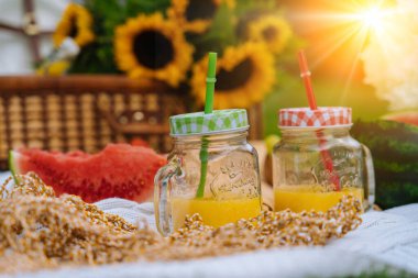 Karpuz, meyve, buket ortanca ve ayçiçeği çiçekli güneşli bir günde yaz pikniği konsepti. Çimenli piknik sepeti, yiyecek ve ferahlatıcı yaz içeceği beyaz örgü battaniyenin üzerinde. Seçici odak