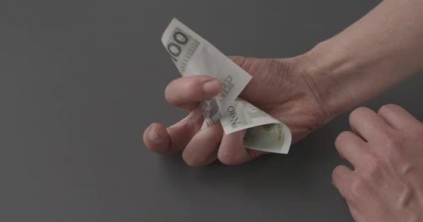 Zbliżenie Rąk Kruszy Polskie Pieniądze Pln Gotówka Śmieć Śmieciowe Pieniądze — Wideo stockowe
