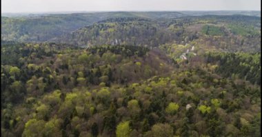 Ojcowski Ojcow Ulusal Parkı, Mayıs ayında Krakow (Krakow) yakınlarındaki Pradnik Vadisi 'nin bahar insansız hava aracı görüntüsü. Krzyzowe Kayaları ve Ojcow Şatosu 4k UHD DCI. Temel renk düzeltmesi. Gerçek zamanlı çekim..