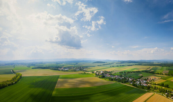 Bobolice, aerial view of polish village, Lower Silesian panoramic landscape. Drone view of beautiful, countryside landscape. Late spring, Poland.