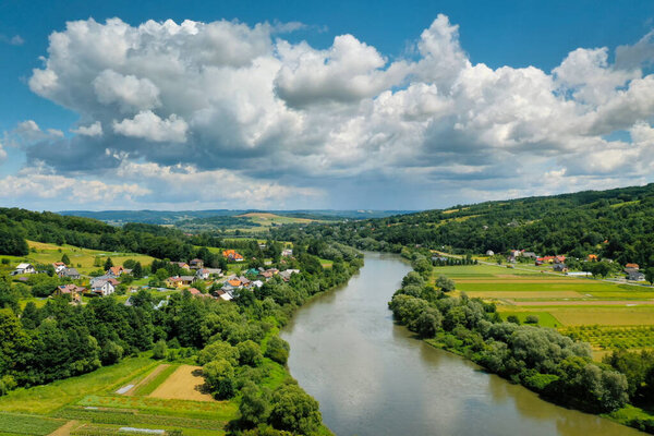 San river valley near Dynow. Podkarpackie voivodeship. Summer nature landscape. Drone view. Poland, a beautiful Polish landscape.