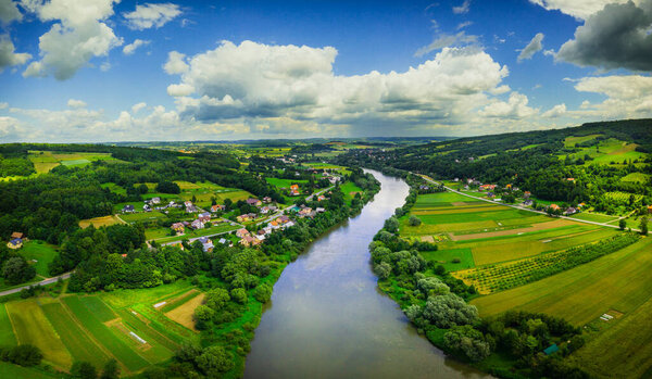Panorama of San river valley near Dynow. Podkarpackie voivodeship. Summer nature landscape. Drone view. Poland, a beautiful Polish landscape.