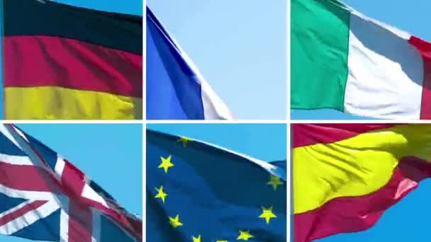 Flagi Europejskie Słońcu Świetle Dziennym Błękitnym Niebie Wysokiej Jakości Nagrania — Wideo stockowe
