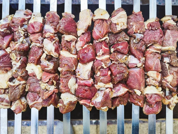 Appetizing Shashlik Skewers Raw Lamb Grill Top View — Stock Photo, Image