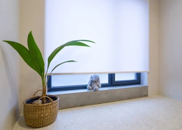 Patenli gölgelik motorlu. Otomatik silindirler büyük penceredeki beyaz rengi kör eder. Uzaktan kumandalı panjurlar betondan yapılmış pencere pervazının üstünde. Teras pencerenin dışında..