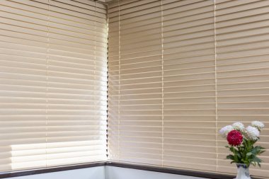 Büyük köşedeki pencerelerde tahta panjurlar. Tahta elektrikli panjurlar bej rengi, kapalı. Mutfakta Venedik panjurları var. Güneşli bir gün, seçici odaklanma. Pencere pervazında çiçekler. Ayrıntılı desenli döşemeler.