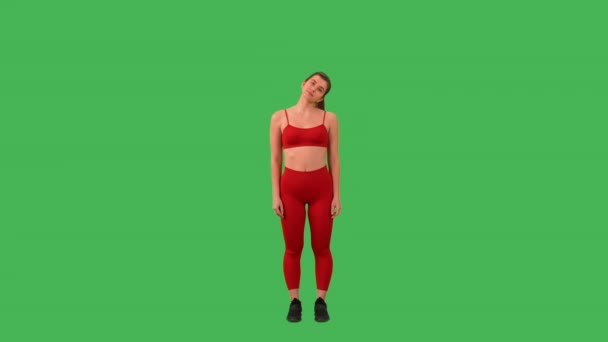 Женщина Делает Разминку Упражнения Перед Тренировкой Изолированы Зеленом Фоне Экрана — стоковое видео