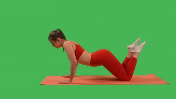 Frau Beim Training Für Core Und Rückenkraft Liegestütz Auf Matte — Stockvideo