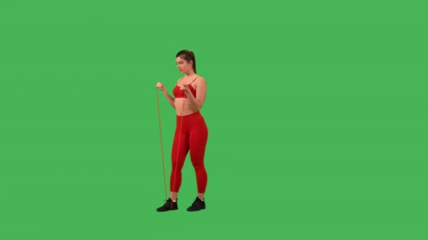 Active Sporty Woman Doing Exercise Arms Shoulders Stretch Band Dressed — Vídeo de Stock