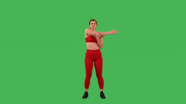 Sporty Woman Stretch Warming Arms Isolated Green Screen Background Dressed — 비디오