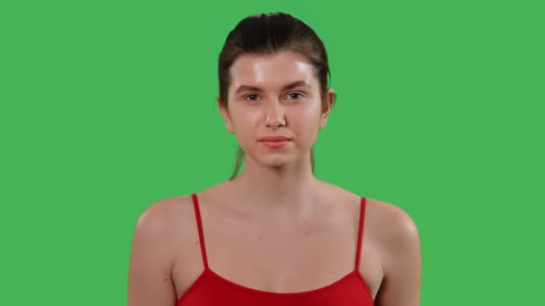 Portrait Young Woman Showing Sign Quiet Secret Looking Camera Puts — Vídeo de Stock