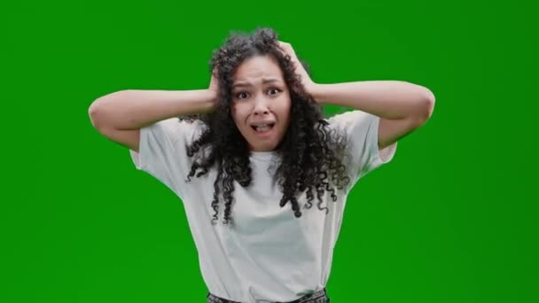 Confused Scared Woman Curly Long Hair Dressed White Tee Isolated — Stock video