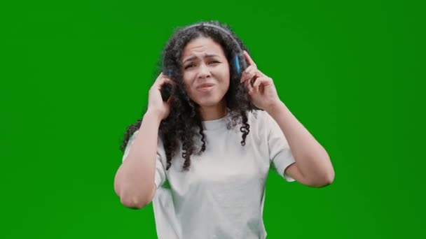 Joyful Woman Curly Long Hair Dressed White Shirt Wireless Headphones — Stock video