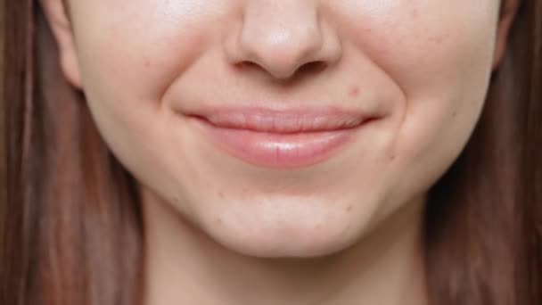 Details Portrait Woman Cheerful Smile Gleaming Teeth Beautiful Young Face — Wideo stockowe